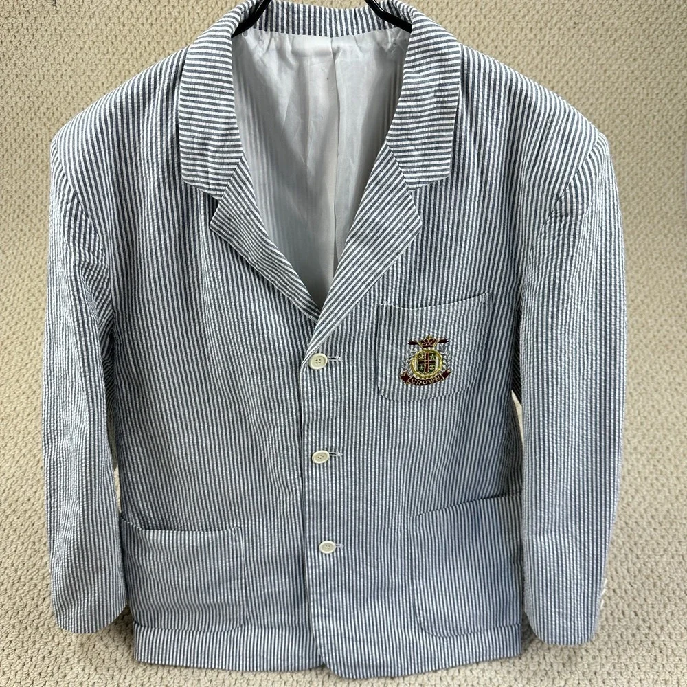 Vtg Toppe Sportscoat Mens L Blue/White Seersucker Jacket Blazer Embroider Crest